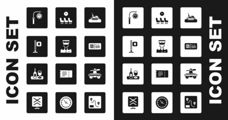 Set Plate with food, Train conductor, Cafe and restaurant location, station clock, QR code ticket train, Waiting room, Draisine handcar and Wine bottle glass icon. Vector