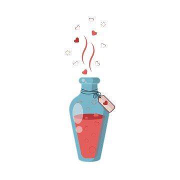Love potion. The drink that makes you fall in love with yourself.	Bottles of Magic elixir. Red Liquid in glass jar in cartoon style. Vector illustration in flat style.