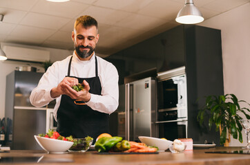 Positive chef preparing fresh herbs for dish 