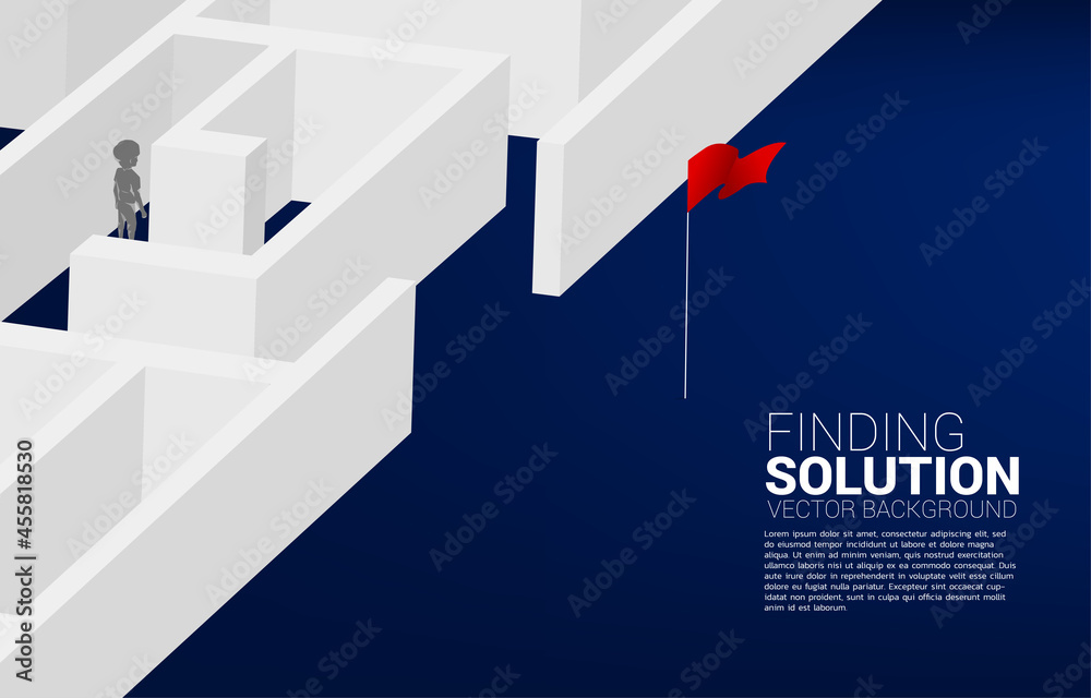 Poster silhouette of boy find the way to exit the maze. concept of education solution and future of childre
