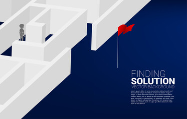 Silhouette of boy find the way to exit the maze. Concept of education solution and future of children.