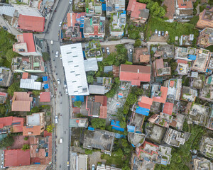 Overhead aerial shot of a neighbourhood in Kathmandu.