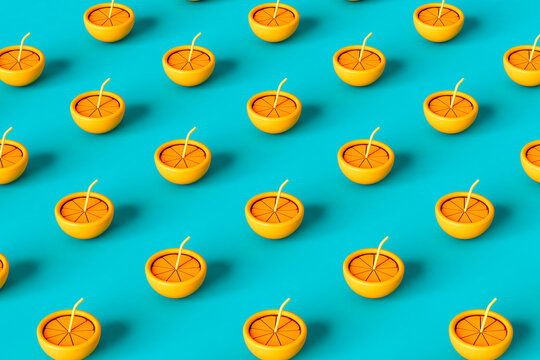 pattern of 3D render of an orange with a straw on blue 
