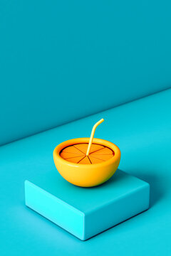 3D render of an orange with a straw on a blue cube