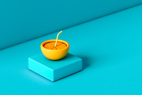3D render of an orange with a straw on a blue cube