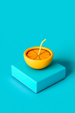 3D render of an orange with a straw on a blue cube