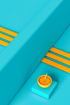 3D render of an orange with a straw and orange stripes