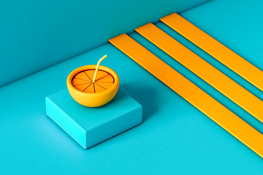 3D render of an orange with a straw on blue background