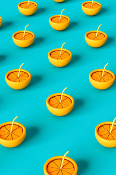 pattern of 3D render of an orange with a straw on blue 