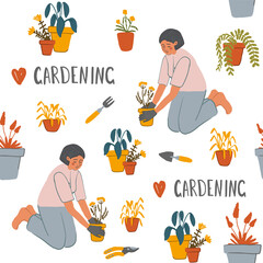 Cartoon seamless pattern with tropical leaves. Flat botanical background. Hand drawn floral texture. Vector illustration on white background. Perfect for background, wrap paper, wall paper, fabric