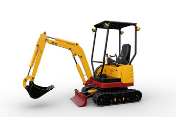 3D rendering of a yellow construction site mini digger isolated on a white background.