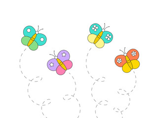 butterflies flying along dotted lines trails or routes, cute colorful insects isolated on white background