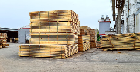 Packed boards, lumber piles in the finished goods warehouse