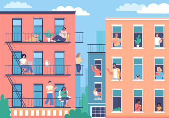 Naklejka premium Modern city buildings and happy neighborhood lifestyle people. Urban street vector cartoon illustration 