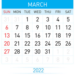 March Planner Calendar 2022. Illustration of Calendar in Simple and Clean Table Style for Template Design on White Background. Week Starts on Sunday
