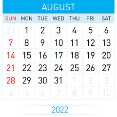 August Planner Calendar 2022. Illustration of Calendar in Simple and Clean Table Style for Template Design on White Background. Week Starts on Sunday