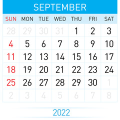 September Planner Calendar 2022. Illustration of Calendar in Simple and Clean Table Style for Template Design on White Background. Week Starts on Sunday