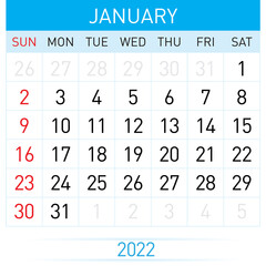 January Planner Calendar 2022. Illustration of Calendar in Simple and Clean Table Style for Template Design on White Background. Week Starts on Sunday