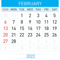 February Planner Calendar 2022. Illustration of Calendar in Simple and Clean Table Style for Template Design on White Background. Week Starts on Sunday