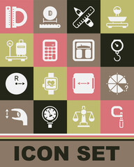 Set Micrometer, Circle of pieces, Hand scale spring mechanical, Crossed ruler pencil, Calculator, Scale with suitcase, Protractor and Bathroom scales icon. Vector