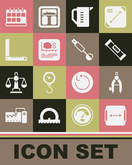 Set Area measurement, Drawing compass, Construction bubble level, Measuring cup, Corner ruler, Calendar and spoon icon. Vector