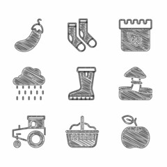 Set Waterproof rubber boot, Basket, Apple, Mushroom, Tractor, Cloud with rain, Calendar autumn leaves and Eggplant icon. Vector