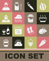 Fototapeta na wymiar Set Carrot, Roasted turkey or chicken, Bowl of hot soup, Umbrella, Windy weather, Autumn clothes, Graduate and graduation cap and Jam jar icon. Vector