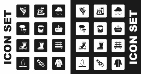 Set Cloud with rain, Jam jar, Mushroom, Grape fruit, Basket, Farm house, Bench and Waterproof rubber boot icon. Vector