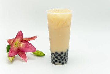 Taro milk tea flavored boba drink is cold and delicious as a beverage or meal