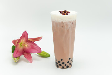 Taro milk tea flavored boba drink is cold and delicious as a beverage or meal