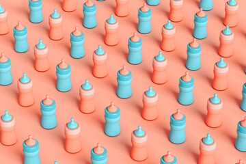 view of multiple Baby bottles on pink
