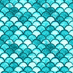 Blue sea wave geometric texture. Fish scale seamless pattern. Print for textile, wallpaper, wrapping. © Oleksandra