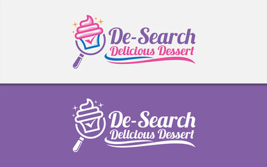 Delicious Dessert Logo Design with Sweet Cupcake and Magnifying Glass Combination Style Concept.