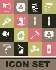 Set Paint spray can, RGB and CMYK color mixing, brush, Tube with paint, bucket and icon. Vector