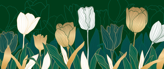 luxury gold tulip line art background vector.  Flower boho style for textiles, wall art, fabric, wedding invitation, cover design Vector illustration.