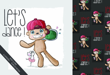 Cute animal monkey happy dancing with mouse seamless pattern. Cute cartoon animal. Vector illustration for kids.
