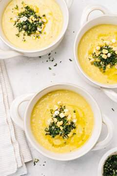 Food bowls of corn soup