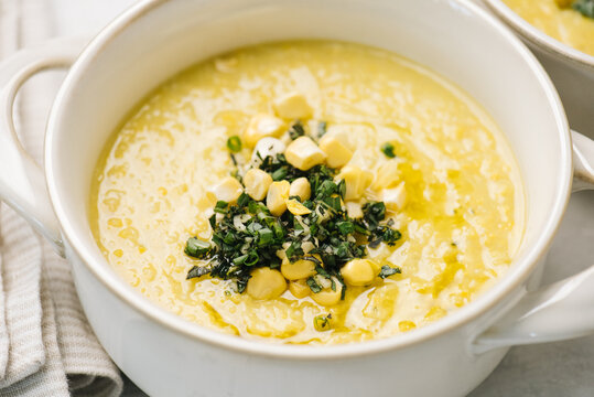 Corn soup with gremolata close-up