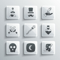 Set Moon and stars, Magic scroll, Bottle with potion, staff, Skull, Crossed medieval sword, Sword in the stone and icon. Vector