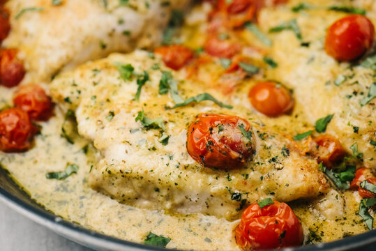 Close-up of creamy pesto chicken