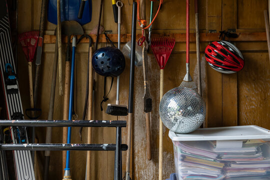 Garden Tools and Disco Ball in storage in Garage 