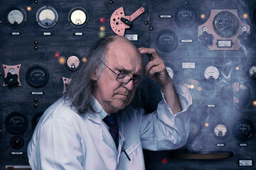 Scientist in his laboratory scratching his head, wondering why his physics experiment went wrong