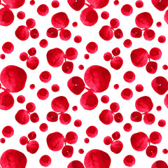 Hand drawn seamless pattern watercolor abstract red blob like berries on white. Art creative vivid stain background for wrapping, wallpaper, scrapbook, card, sketchbook, coloring book, notebook