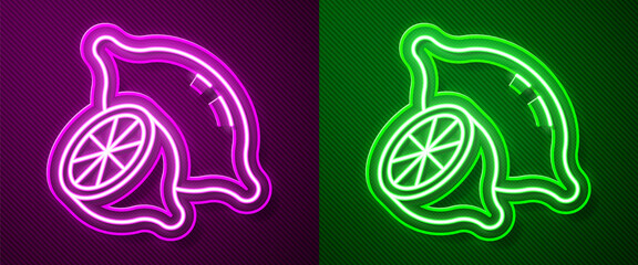 Glowing neon line Lemon icon isolated on purple and green background. Vector