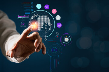 Man touch on virtual screen to chat, post, message and connecting on social media. Smart communication technology and business marketing