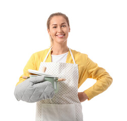 Young housewife with saucepot on white background