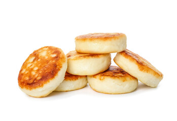 Tasty cottage cheese pancakes on white background