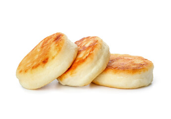 Tasty cottage cheese pancakes on white background