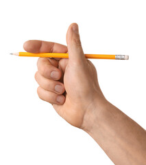 Man with pencil on white background
