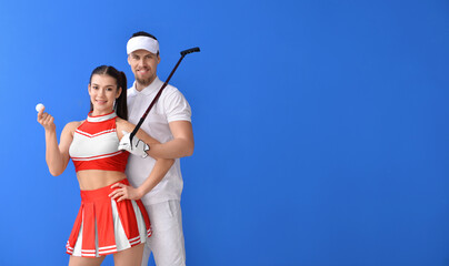 Cheerleader and golfer on color background